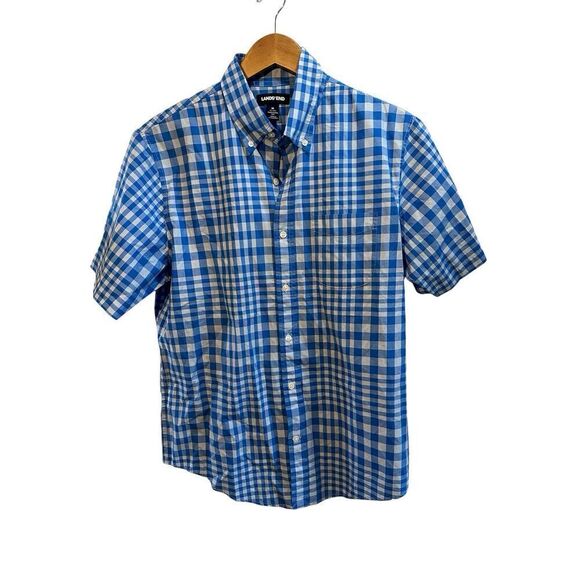 Lands End Button Up Shirt Mens Med 15-15 1/2 Traditional Short Sleeve Blue/White - Picture 1 of 5